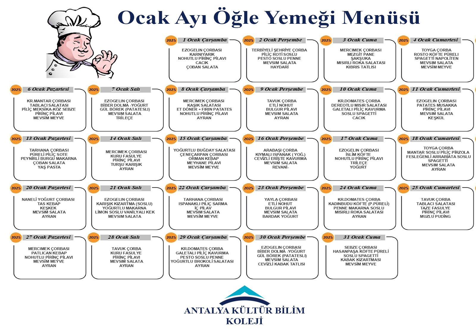 2025 Ocak Ayı Öğle Yemeği Menüsü