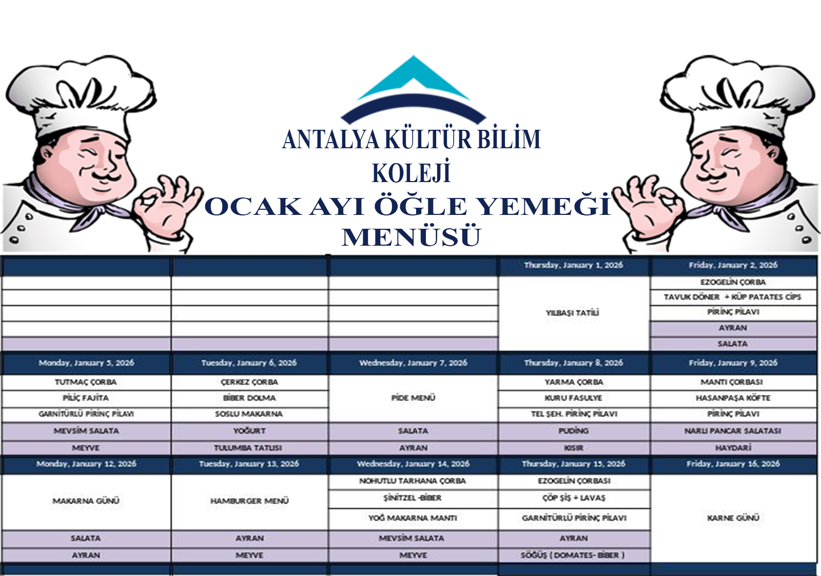 Ocak Ayı Öğle Yemeği Menüsü
