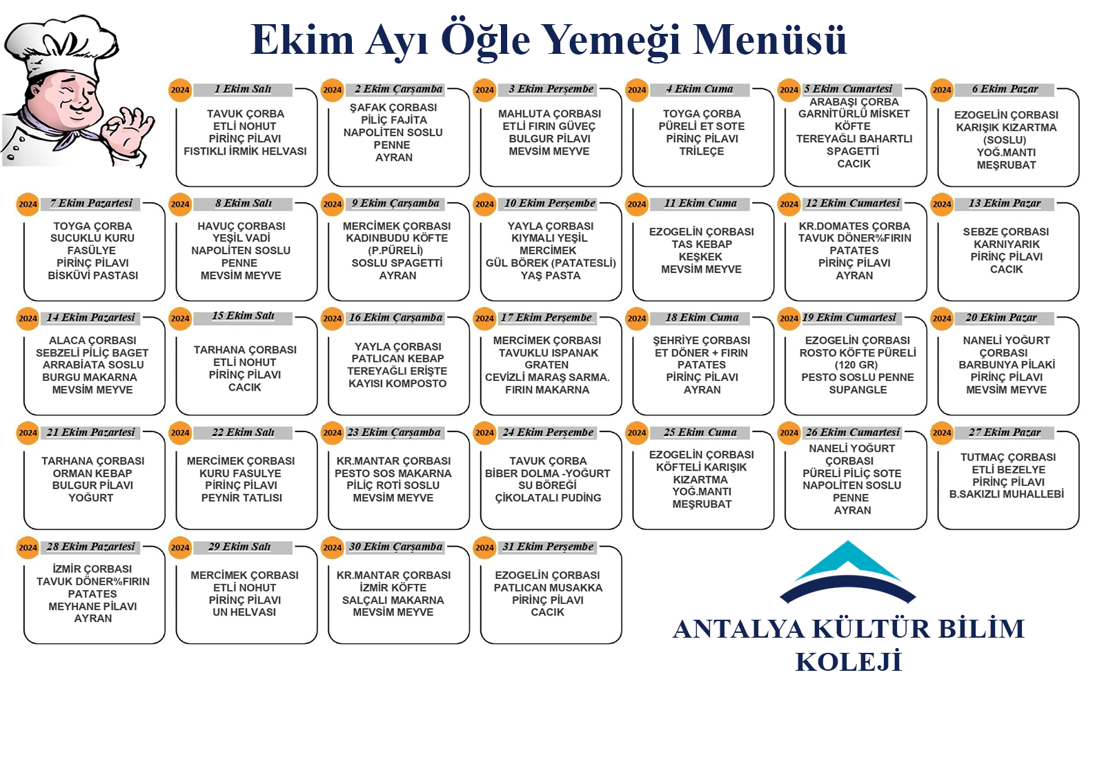 Ekim Ayı Öğle Yemeği Menüsü